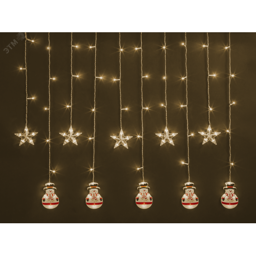 Гирлянда новогодняя светодиодная NGF-D037-01 бахрома звезды и снеговики WW 3*0.6м IP20