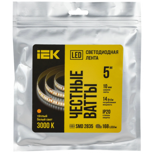 Лента светодиодная 5м SMD2835 168LED/м 14Вт/м IP20 ширина 10мм 24В теплый белый IEK