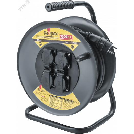 Удлинитель силовой NPE-RM-04-50-E-IP44-3x1.5 на металлической катушке с термовыключателем 4 гнезда c/з 50м КГ 3х1,5 3500 Вт IP44