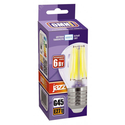 Лампа сетодиодная декоративная LED 6w E27 4000K шар прозрачный филамент 230/50 Jazzway