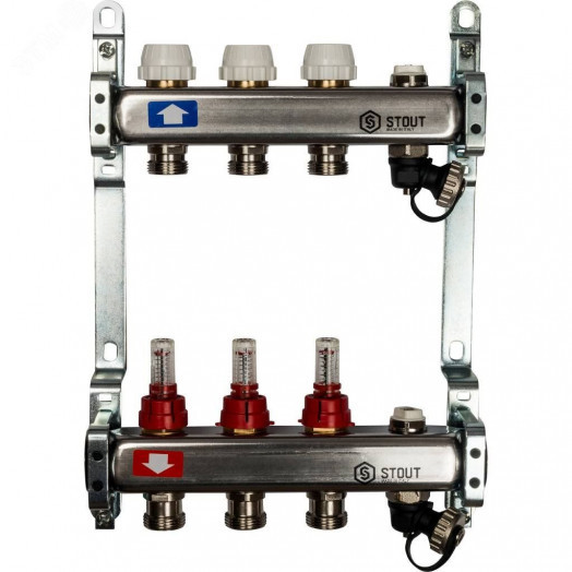 Коллекторная группа из нержавеющей стали 1' на 3 выхода со встроенными расходомерами