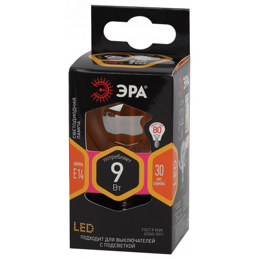 Лампа светодиодная F-LED P45-9W-827-E14 gold (филамент, шар золот, 9Вт, тепл, E14) (10/100/3600)