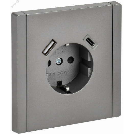 FORTE&PIANO Розетка 1-местная с заземлением с защитными шторками винтовое крепление 16А USB A+C 18Вт FP547 сталь IEK