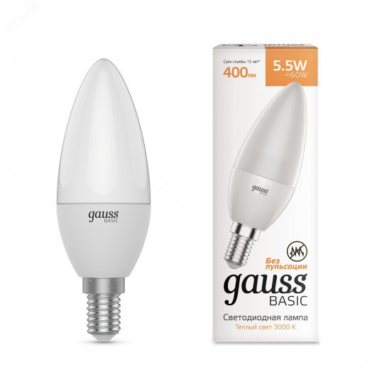 Лампа Gauss Basic Свеча LED-5,5W 400lm 3000K E14 (3 лампы в упаковке) LED 1/40