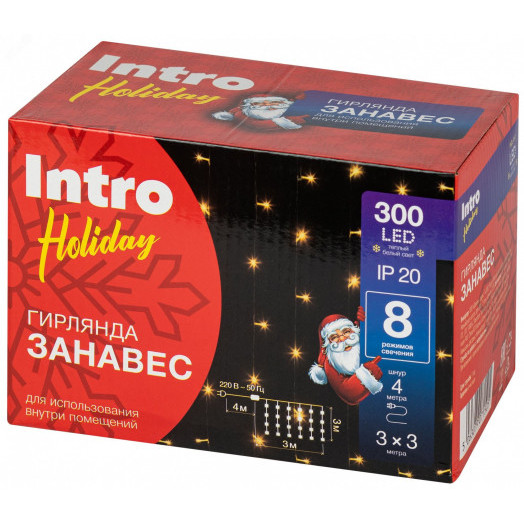 Гирлянда светодиодная новогодняя занавес 3*3 м теплый белый 300 led 220 Intro Holiday INZL-01Z