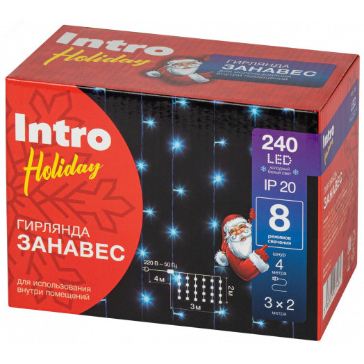 Гирлянда светодиодная новогодняя занавес 3*2 м холодный белый 240 led 220 Intro Holiday INZL-02W