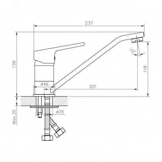 Смеситель для кухни с длинным изливом шаровый, латунь, хром