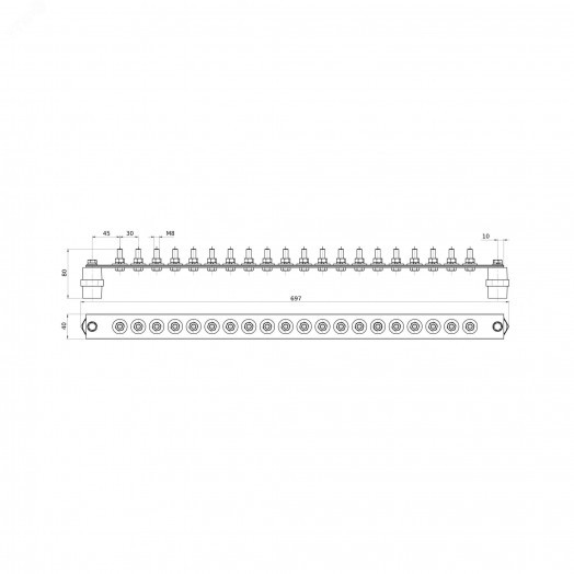 Главная заземляющая шина с изоляторами, 20        подкл.680ммх40ммх4мм медь