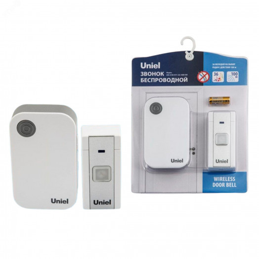 Звонок беспроводной 36 мелодий  Радиус действия 100м Блистер Белый ТМ Uniel UDB-013W-R1T1-36S-100M-WH