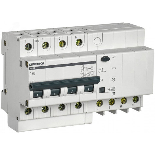 Выключатель автоматический дифференциальный АД14 4Р 63А 100мА GENERICA