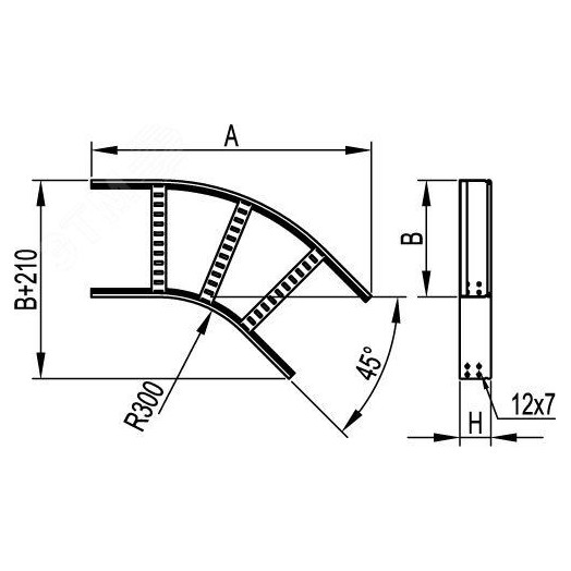 Угол горизонтальный 45 градусов 50x200 R=300мм