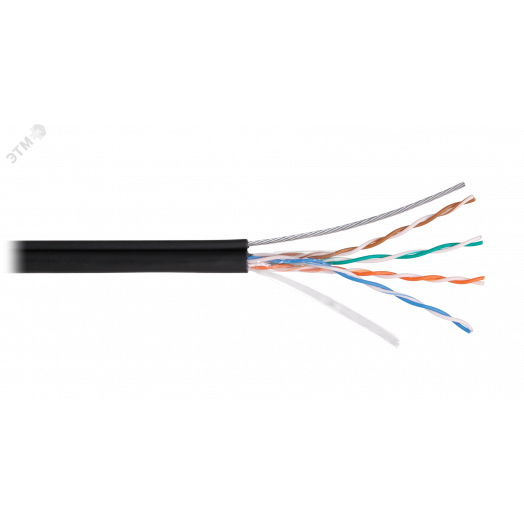 Кабель U/UTP 4 пары, Кат.5e, одножильный, медный, 0,50мм, внешний, PE до -60С, с тросом, черный, 500