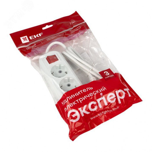 Удлинитель Эксперт 3 гнезда 2 метра 16А/3,0кВт с выключателем и заземлением ПВС 3х1 EKF PROxima