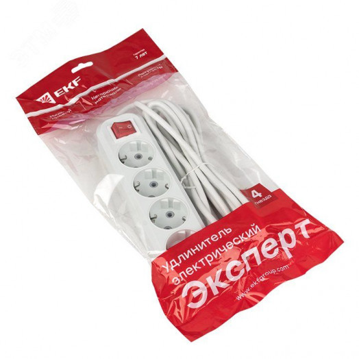 Удлинитель Эксперт 4 гнезда 3 метра 16А/3,0кВт с выключателем и заземлением ПВС 3х1 EKF