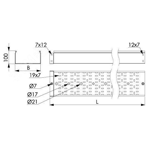 Лоток перфорированный 600х100 L=3000мм толщина 1.2мм горячеоцинкованный