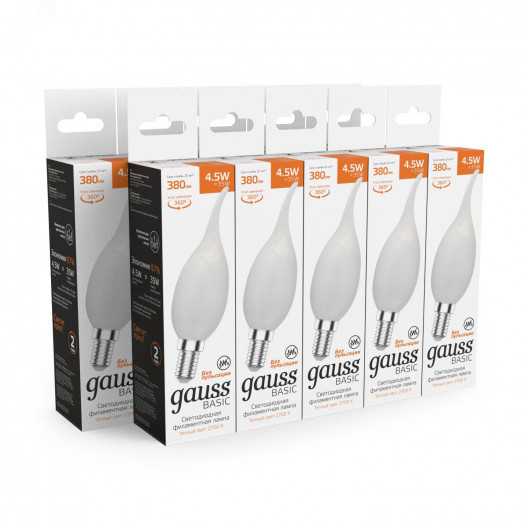 Лампа светодиодная филаментная LED 4.5 Вт 380 лм 2700К свеча на ветру теплый E14 AC 220В матовая колба Basic Gauss