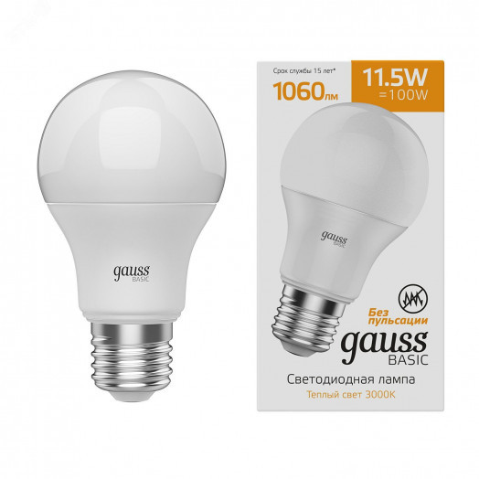 Лампа светодиодная LED 11.5 Вт 1060 лм 3000К А60 груша теплый E27 AC 220В Basic Gauss