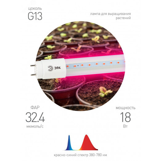 Фитолампа для растений светодиодная FITO-18W-RB-Т8-G13-NL и мясных прилавков 18 Вт Т8 G13 красно-синего спектра