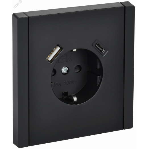 FORTE&PIANO Розетка 1-местная с заземлением с защитными шторками винтовое крепление 16А USB A+C 18Вт FP147 черный IEK