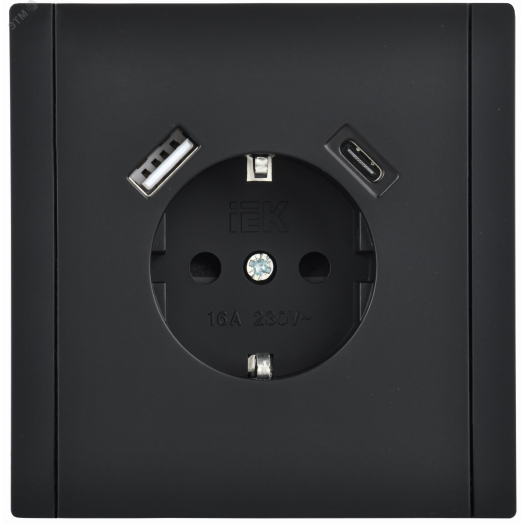FORTE&PIANO Розетка 1-местная с заземлением с защитными шторками винтовое крепление 16А USB A+C 18Вт FP147 черный IEK