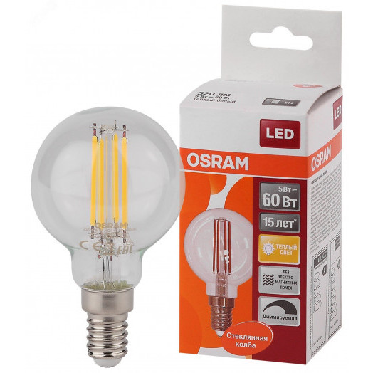 Лампа светодиодная LED 5Вт E14 CLB60D тепло-бел, Filament диммируемая,прозр.шар OSRAM