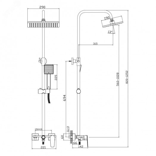 Система душевая 2-х функциональная со смесителем без излива (тропический душ, лейка стационарная), латунь