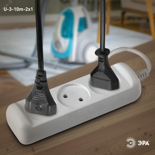 Удлинитель без зазeмл., 2х1мм2, 10А, ПВС, 3гн, 10м (10/840) U-3-10m-2x1