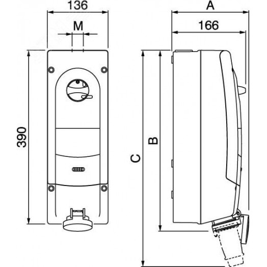 Розетка наружной установки с механической блокировкой и DIN-рейкой на 6 модулей IP44 32A 2P+E 230В