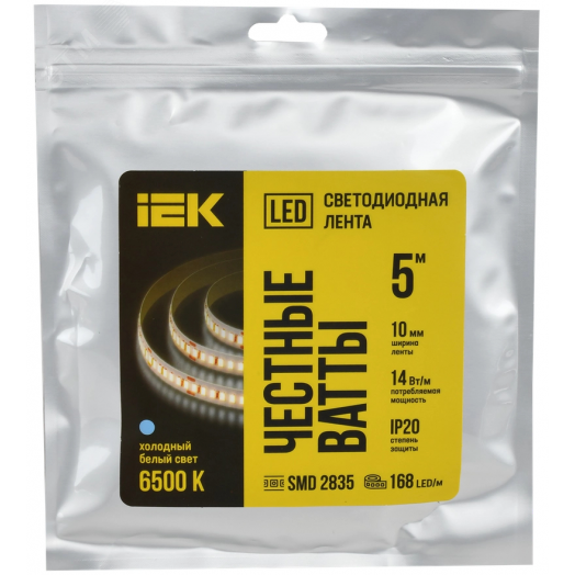 Лента светодиодная 5м SMD2835 168LED/м 14Вт/м IP20 ширина 10мм 24В холодный белый IEK