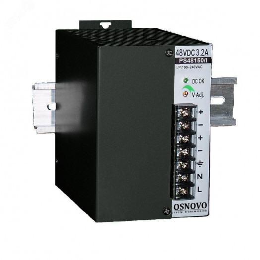 Блок питания промышленный. 1 выход DC48V, 3.2A (150W). Диапазон входных напряжений AC100-240V. КПД 83%.