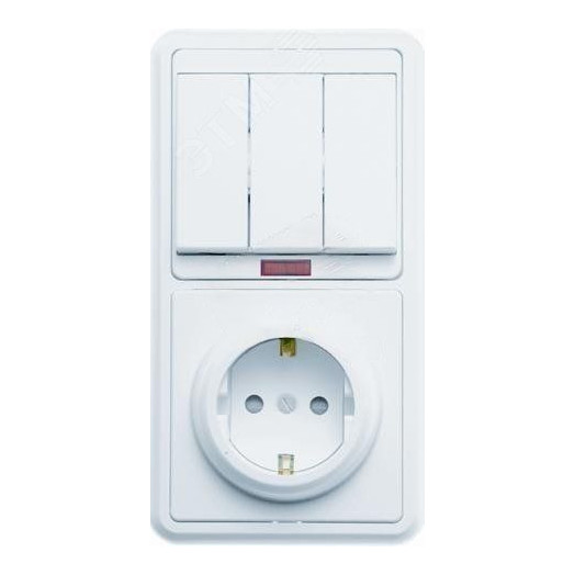 БЭЛЛА Блок БКВР-209 Выключатель трехклавишный с подсветкой + розетка с заземлением со шторками белый