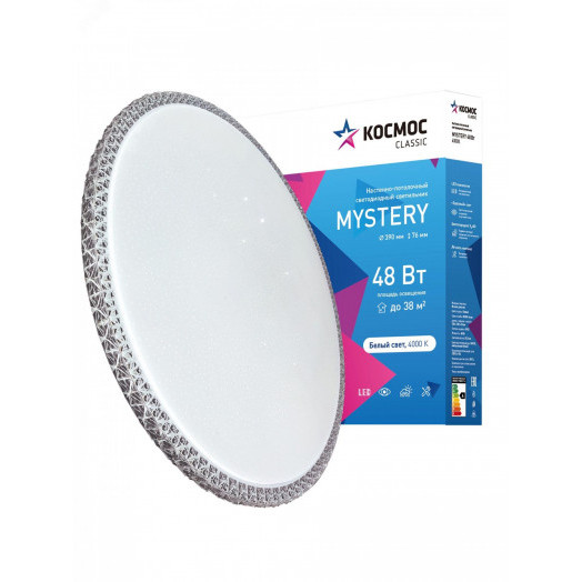 Светильник светодиодный ДБО-48 Вт настенно-потолочный MYSTERY 230В 4000K 3120Лм 390x76мм серебро