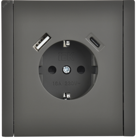 FORTE&PIANO Розетка 1-местная с заземлением с защитными шторками винтовое крепление 16А USB A+C 18Вт FP347 серый IEK