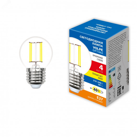 Лампа светодиодная. LED-G45-4W/3000K/E27/CL/SLF Форма ''шар'', прозрачная. Теплый (3000K).