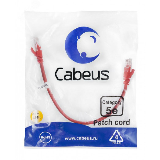 Патч-корд U/UTP, категория 5е, 2xRJ45/8p8c, неэкранированный, красный, LSZH, 0.3м