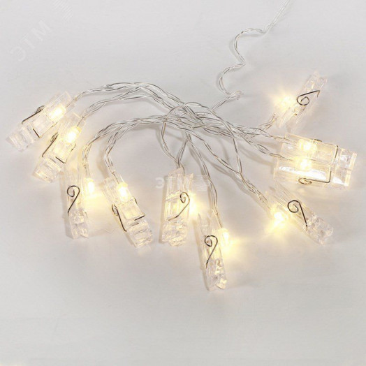 Гирлянда светодиодная Прищепки 10 LED, 1.5 м, прозрачный ПВХ, тёплый белый свечение, 2 х АА (батарейки не в комплекте)