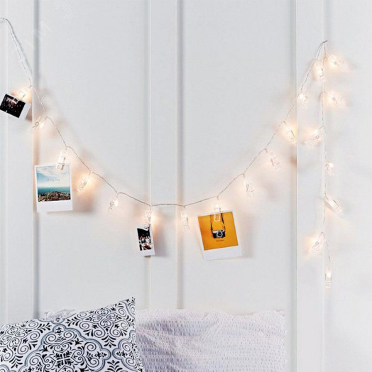 Гирлянда светодиодная Прищепки 10 LED, 1.5 м, прозрачный ПВХ, тёплый белый свечение, 2 х АА (батарейки не в комплекте)