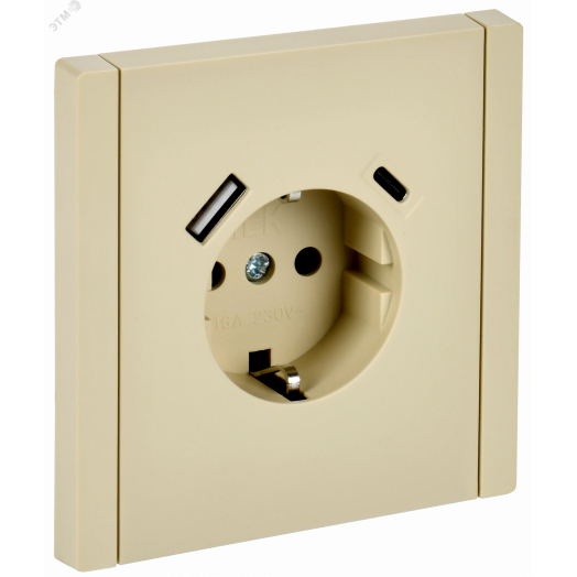 FORTE&PIANO Розетка 1-местная с заземлением с защитными шторками винтовое крепление 16А USB A+C 18Вт FP447 ваниль IEK