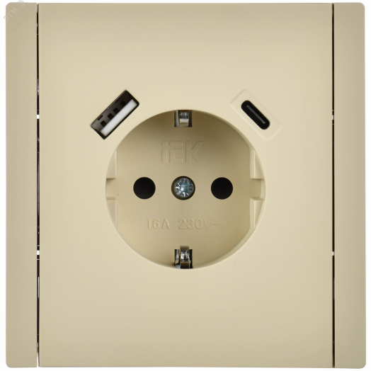 FORTE&PIANO Розетка 1-местная с заземлением с защитными шторками винтовое крепление 16А USB A+C 18Вт FP447 ваниль IEK