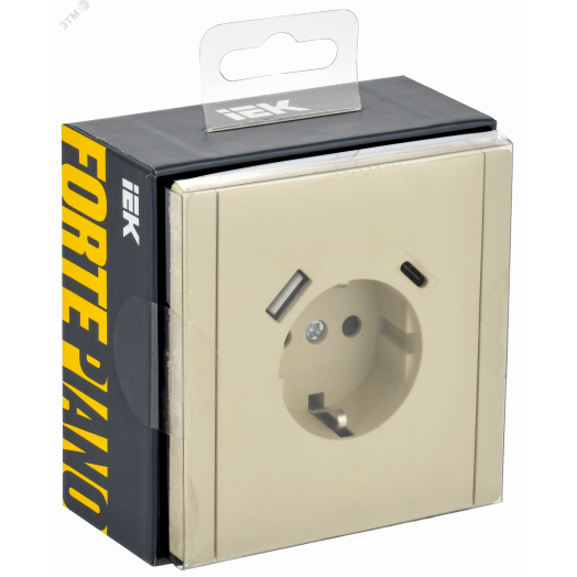 FORTE&PIANO Розетка 1-местная с заземлением с защитными шторками винтовое крепление 16А USB A+C 18Вт FP447 ваниль IEK