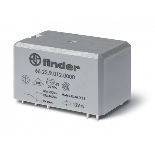 Реле силовое электромеханическое, монтаж на печатную плату, раздвоенные выводы, 2CO 30A, контакты AgCdO, катушка 230В AC, степень защиты RTII, УХЛ4, опции: нет