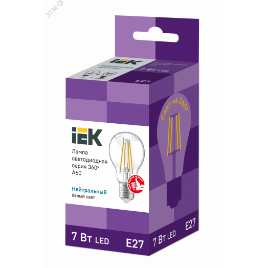 Лампа светодиодная A60 груша прозрачная 7Вт 230В 4000К E27 серия 360° IEK