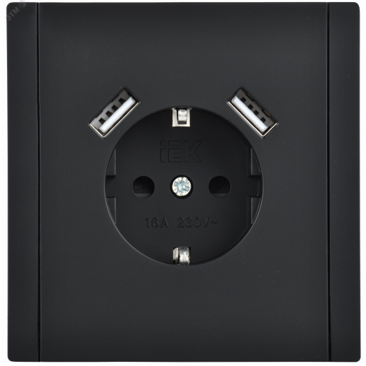 FORTE&PIANO Розетка 1-местная с заземлением с защитными шторками винтовое крепление 16А USB A+A 3,1А FP145 черный IEK