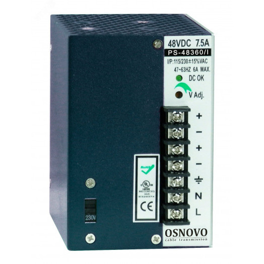 Блок питания промышленный. DC48V, 7,5A(360W). Диапазон входных напряжений AC115, 230V. КПД 83%.