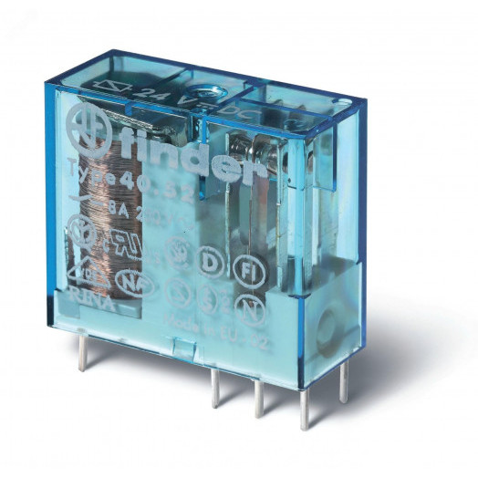 Реле электромеханическое универсальное миниатюрное, монтаж на печатную плату или в розетку, выводы с шагом 5мм, 2CO 8A, контакты AgCdO, катушка 4В DC, степень защиты RTII