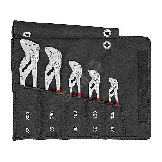 Набор переставныеавных клещей-гаечных ключей 86 03 XXX в чехле-скрутке из полиэстера 5 предметов L-125/150/180/250/300 мм Cr-V хромированные обливные рукоятки