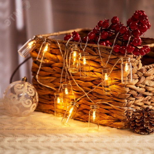 Гирлянда светодиодная баночки 1,5 м, 10 LED, прозрачный ПВХ, свечение тёплый белый, 2 х АА (батарейки не в комплекте)