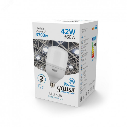 Лампа светодиодная LED 42 Вт 3700 лм 6500К цилиндр Т120 холодный E27 AC 220В Elementary Gauss