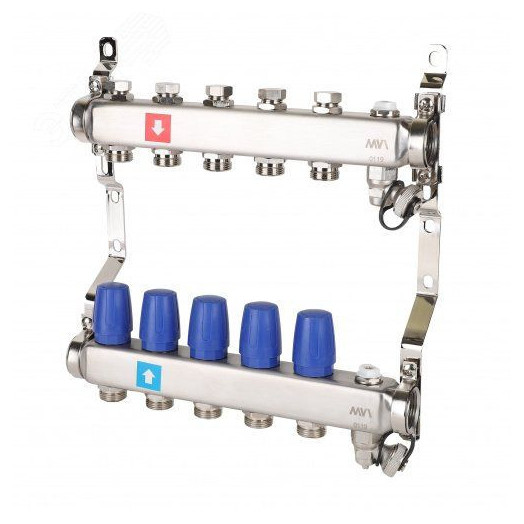 Коллекторная группа с ручными регулировочными клапанами 1'x5 выходов 3/4' НР евроконус с дренажным краном и воздухоотводчиком