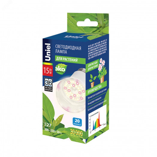 Лампа светодиодная для растений. Форма A, прозрачная. Спектр для фотосинтеза. LED-A60-15W/SPFB/E27/CL PLP30WH